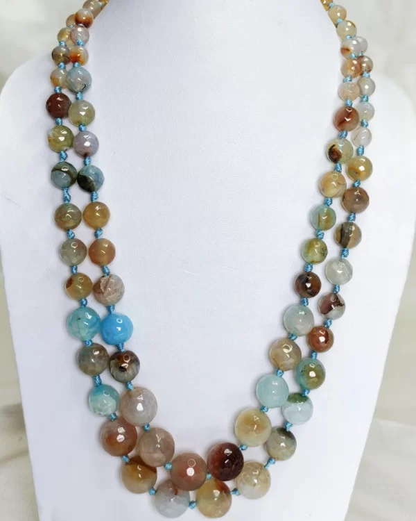 Desert Sky - Knotted 18” double strand of dragon-veined Onyx beads graded in size, in all shades of tropical sky blues and romantic desert browns splotched with whites, orange, and mossy green. DN0038