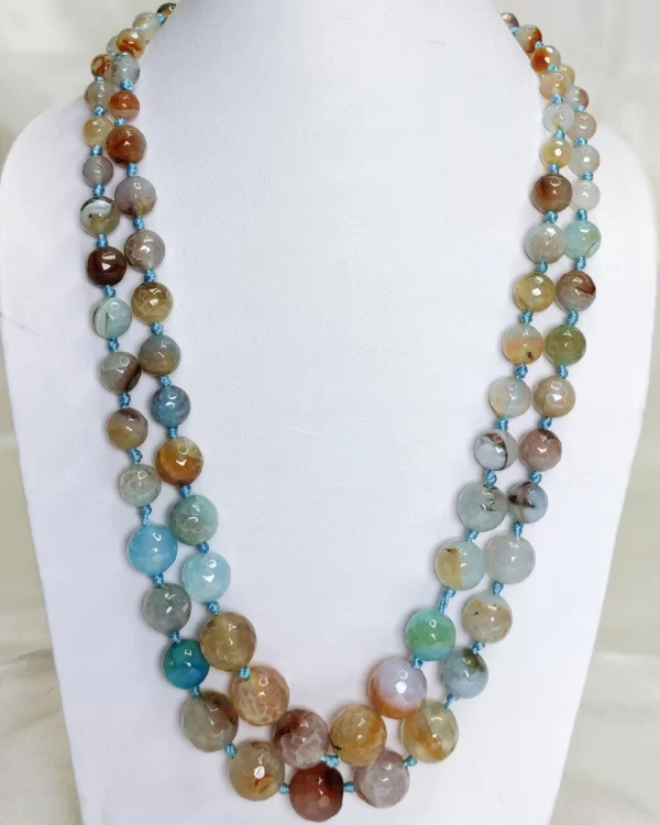 Dusty Diva - Knotted 18” double strand of dragon-veined Onyx beads graded in size, in all shades of tropical sky blues and romantic desert browns splotched with whites, orange, and mossy green. DN0040