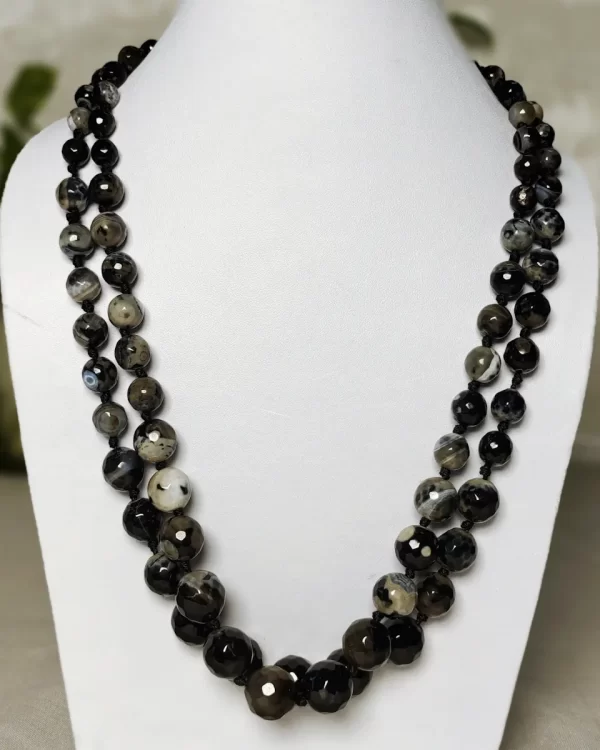 Classic Evenings - Knotted 18” double strand of Onyx beads graded by size, in a palette featuring a mélange of whites, blacks, and grays of all shades – with banding, splotching, and marbling patterns. DN0041