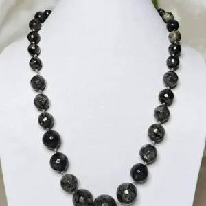 Grey Majesty - DN0122 - Mottled and splotched dark gray small-to-large graded honey-cut Onyx beads in a simple harmonious string of 18"