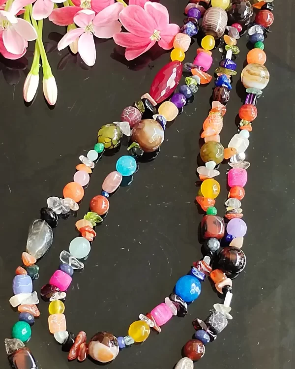 Gypsy's Choice - DN0150 - 40" of gorgeous beads, chips, and tumbles of Onyx, Beryl, Amethyst, Chalcedony, Iolite, Tiger's Eye, Agate, Carnelian, Calcite, Haematite, Labrodorite, Lapis Lazuli, Citrine, Aquamarine, Danburite, Fluorite, Malachite, Opalite, Peridot... and a host of others.