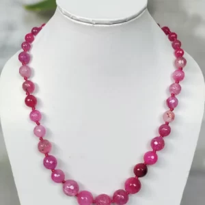 Pink Polka - DN0241 - Knotted 19” single strand of Onyx beads, in a wide palette of pinks with banding, splotching, and marbling patterns, and griddled with dragon veins.