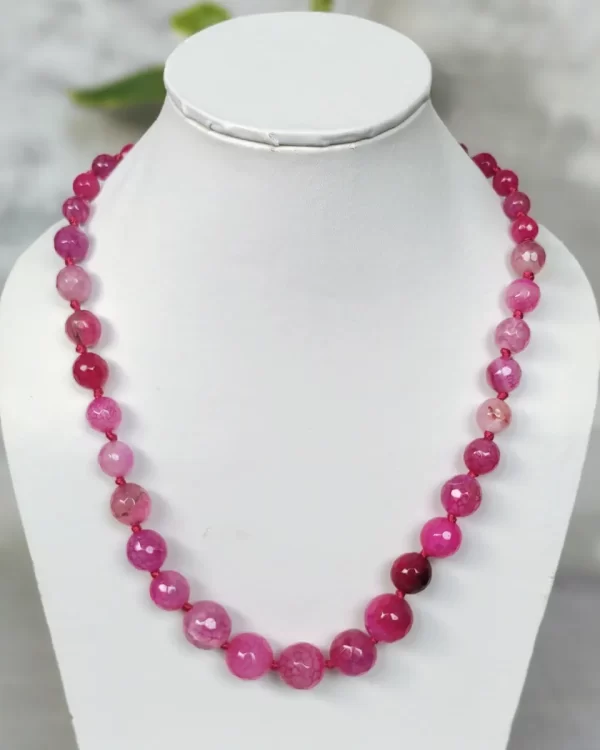 Pink Polka - DN0241 - Knotted 19” single strand of Onyx beads, in a wide palette of pinks with banding, splotching, and marbling patterns, and griddled with dragon veins.