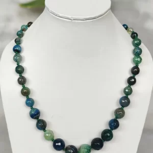 Deep Calm - DN0262 - Knotted 19” single strand of Onyx beads, in a wide palette of grassy greens, blues, mossy browns with banding, splotching, and marbling patterns, and griddled with dragon veins.