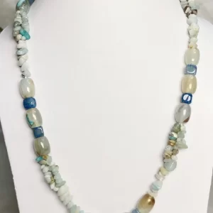 Ocean Blues - DN 0282 - Three lines of Onyx chips in shades of turquoise and white, with Onyx beads and cubes in an eclectic palette of whites, grays, and light blues come together in this 19” necklace.