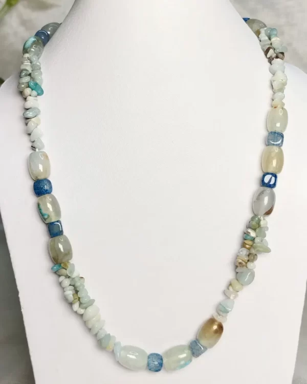 Ocean Blues - DN 0282 - Three lines of Onyx chips in shades of turquoise and white, with Onyx beads and cubes in an eclectic palette of whites, grays, and light blues come together in this 19” necklace.