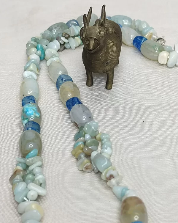 Ocean Blues - DN 0282 - Three lines of Onyx chips in shades of turquoise and white, with Onyx beads and cubes in an eclectic palette of whites, grays, and light blues come together in this 19” necklace.