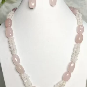 Powder Pink - DN0303 - Three lines of Rose Quartz chips with Rose Quartz beads form this dainty little 19” necklace.