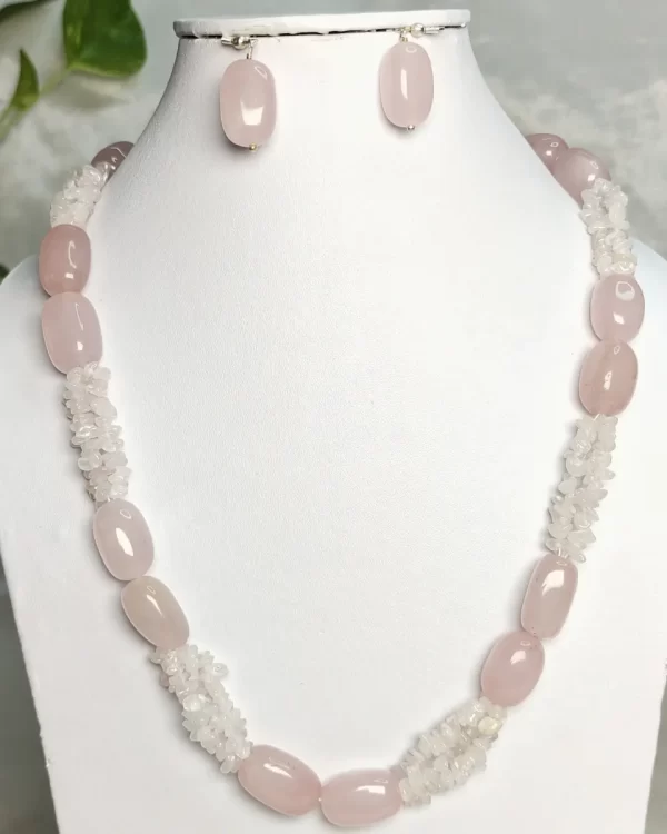 Powder Pink - DN0303 - Three lines of Rose Quartz chips with Rose Quartz beads form this dainty little 19” necklace.