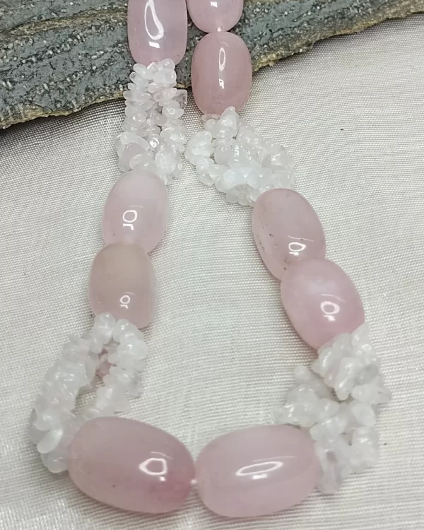 Powder Pink - DN0303 - Three lines of Rose Quartz chips with Rose Quartz beads form this dainty little 19” necklace.