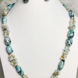 Turquoise Quest - DN0314 - Three lines of rock crystal rice chips in shades of turquoise and white, with Onyx beads with a striking pattern of turquoise banding, splotching, and marbling patterns, griddled with dragon veins come together in this 19” necklace.