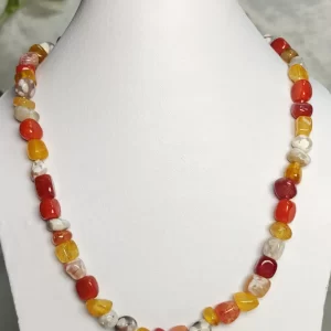 Mango Chutney - DN0358 - Warm, fruity, juicy, and lip-smacking strains of Mama’s mango chutney come together in this 19” necklace of vividly coloured tumbles of agate, onyx, feldspar, iolite, and quartz.