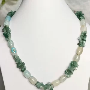 Evening Cool - DN0368 - Tumbles and chips of green Onyx, flecked, muddled, and spotted with whites and opal greys, come together in this elegant green 19” necklace made for an evening of being cool.