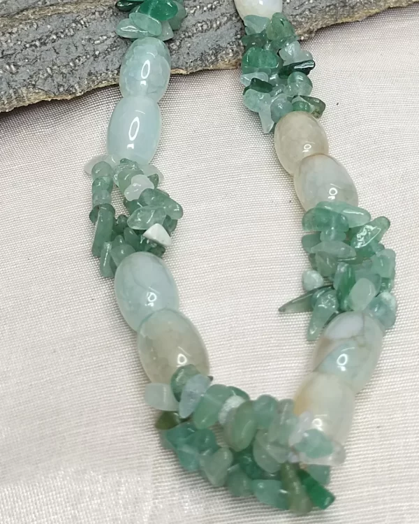 Evening Cool - DN0368 - Tumbles and chips of green Onyx, flecked, muddled, and spotted with whites and opal greys, come together in this elegant green 19” necklace made for an evening of being cool.