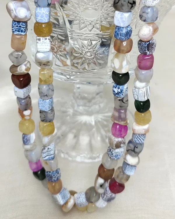 Greek Goddess - DN0438 - Rough cubes and a variety of tumbles of Agate, Onyx, Feldspar, Iolite, and Quartz come together in this delicately coloured 19” necklace with a pleasingly soft palate of colours.