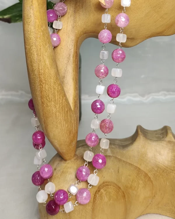 Think Pink - DN0457 - White Onyx cubes team up with Pink Onyx beads in two strands of 19” to give an enticingly beautiful and innocent piece suitable for those prim-n-proper tea parties!